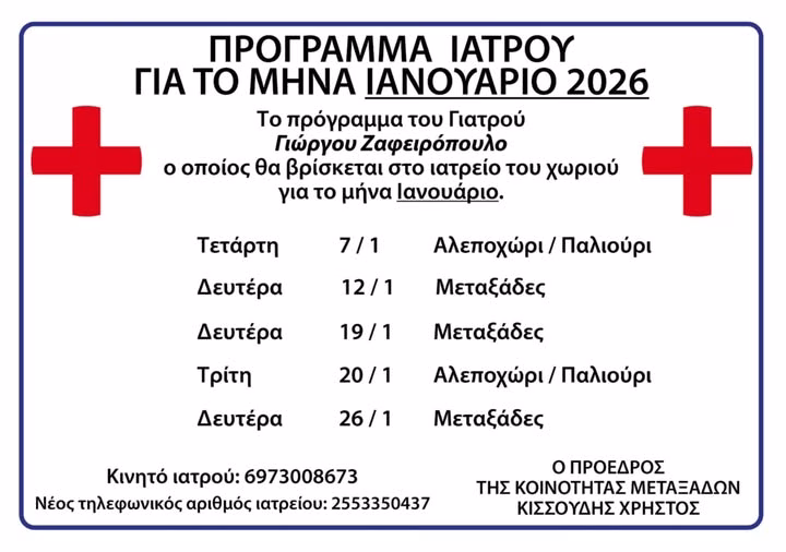 Πρόγραμμα γιατρού μηνός ΙΑΝΟΥΑΡΙΟΥ 2026